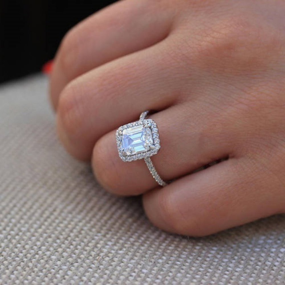 *NEW 925 Silver Diamond Halo Emerald Cut Ring - Picture 2 of 5